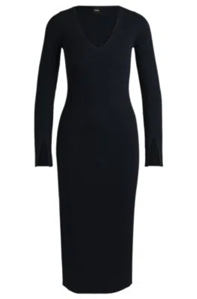HUGO BOSS LONG-SLEEVED V-NECK DRESS WITH RIBBED KNIT