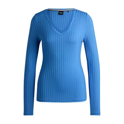 Hugo Boss Long-sleeved V-neck Top In Lustrous Ribbed Jersey In Blue