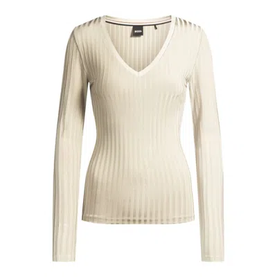 Hugo Boss Long-sleeved V-neck Top In Lustrous Ribbed Jersey In White