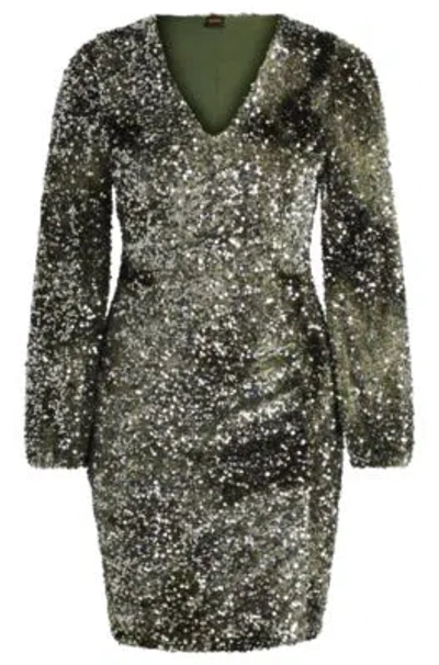 Hugo Boss Long-sleeved Velour Dress With Gathered Details In Dark Green