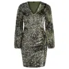 Hugo Boss Long-sleeved Velour Dress With Gathered Details In Green