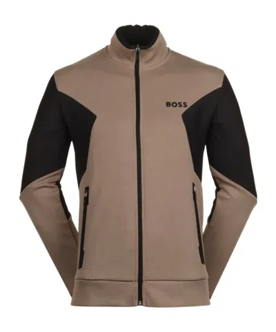 Hugo Boss Long-sleeved Zipper Sweatshirt In Brown