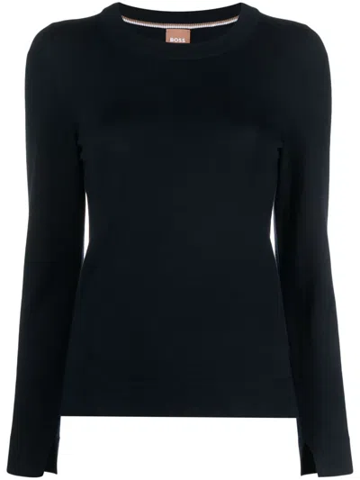Hugo Boss Long Slit-sleeve Virgin Wool Jumper In Blau
