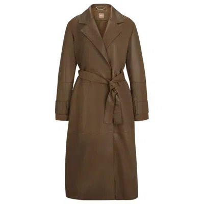Hugo Boss Longline Belted Coat In Nappa Leather In Light Brown