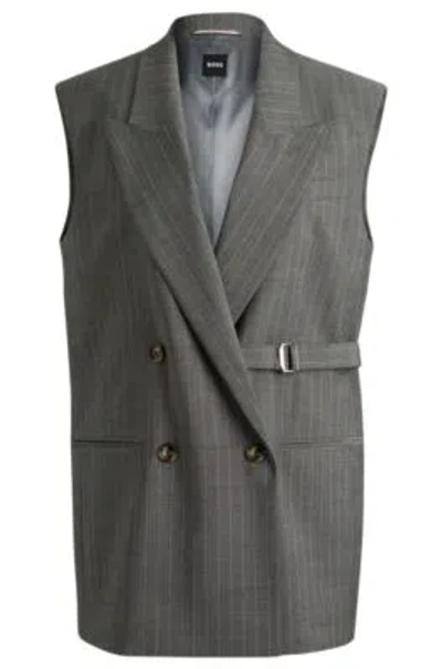 Hugo Boss Longline Double-breasted Waistcoat In Striped Wool In Patterned