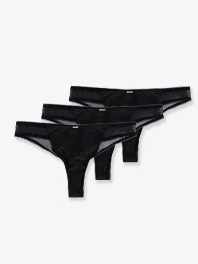 Hugo Boss Lurex Thong Tripack With Lace Trim In Black