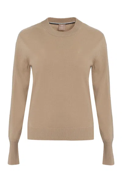 Hugo Boss Long Sleeve Crew-neck Sweater In Beige