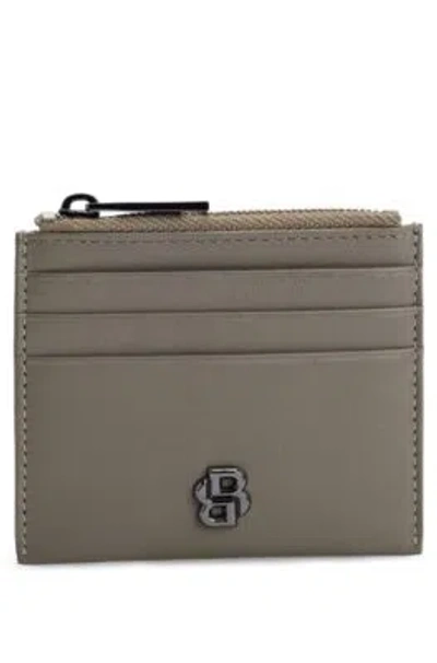 Hugo Boss Matte-leather Card Holder With Double B Monogram In Khaki