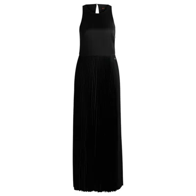 Hugo Boss Maxi Dress In Hammered Satin With Plissé Skirt In Black