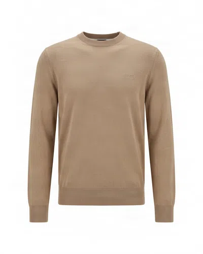 Hugo Boss Medium Beige Logo Embroidered Virgin Wool Sweater In Multi