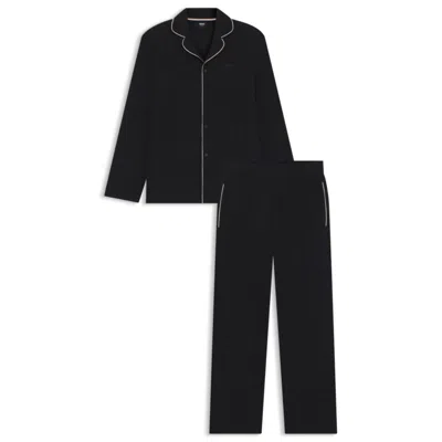 Hugo Boss Melange Pajama Set With Signature-stripe Piping In Black