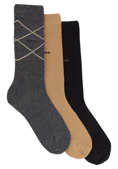 Hugo Boss Men's 3-pack Iconic Cotton Sock Gift Set, Black/camel/moonrock, 7-13 In Multi