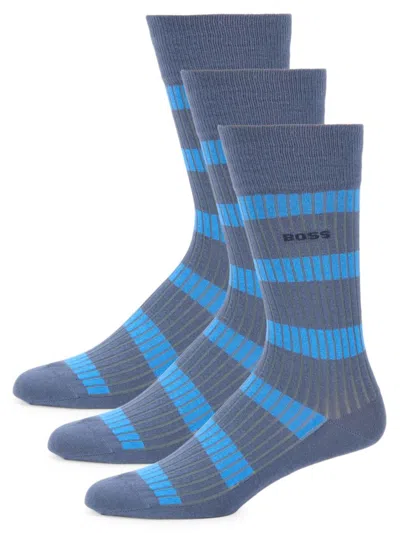 Hugo Boss Men's 3-pack Striped Rib Knit Socks In Blue