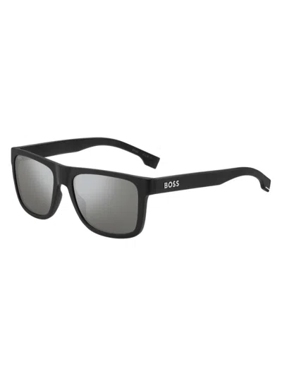 Hugo Boss Men's 55mm Mirrored Rectangular Sunglasses In Black