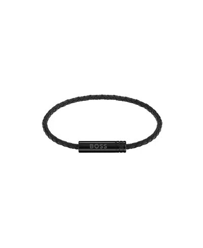 Hugo Boss Men's Ares Air Ionic Plated Black Steel Black Leather Bracelet