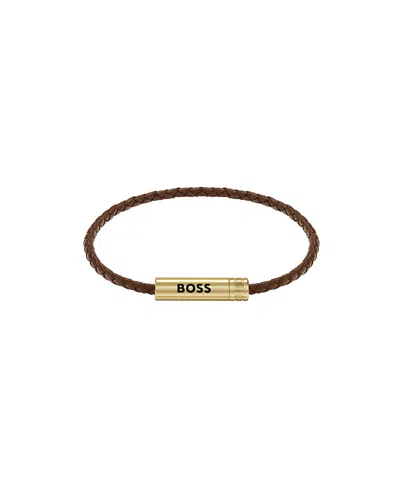 Hugo Boss Men's Ares Air Ionic Plated Thin Gold Steel Brown Leather Bracelet In Brown,gold