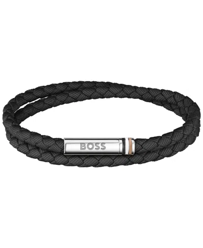 Hugo Boss Men Ares Summer Stainless Steel Black Nylon Cord Bracelet In Neutral
