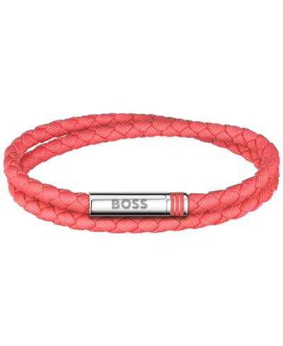 Hugo Boss Men Ares Summer Stainless Steel Coral Nylon Cord Bracelet In Red