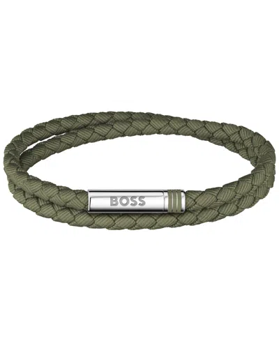 Hugo Boss Men Ares Summer Stainless Steel Green Nylon Cord Bracelet In Orange