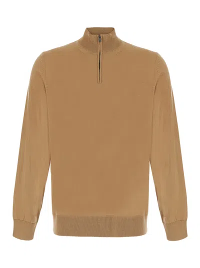 Hugo Boss Men Beige Mock Collar Sweater In Nude