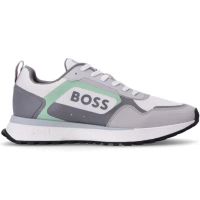 Hugo Boss Men's Big Logo Mesh Mix Lace Up Sneaker, White/pearl Grey