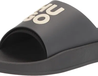 HUGO BOSS MEN'S BLACK LOGO STACKED LOGO SLIDE SANDAL SHOES