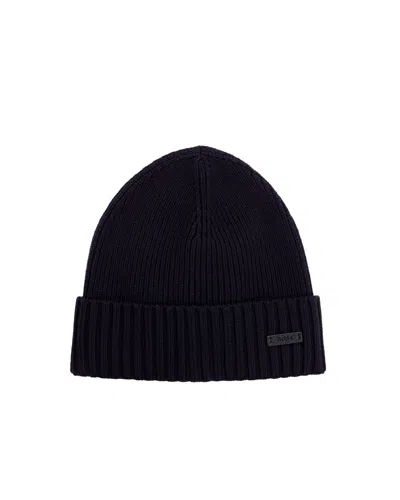 Hugo Boss Men Blue Logo Beanie Cap In Black