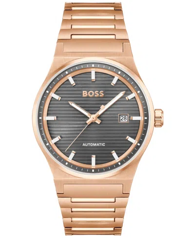 Hugo Boss Men's Candor Auto Mech-automatic Ionic Plated Rose Gold Steel Watch 41mm In Rose-gold