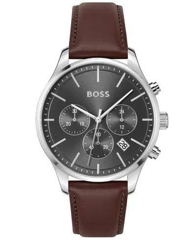 HUGO BOSS MEN'S CHRONOGRAPH AVERY BROWN LEATHER STRAP WATCH 42MM