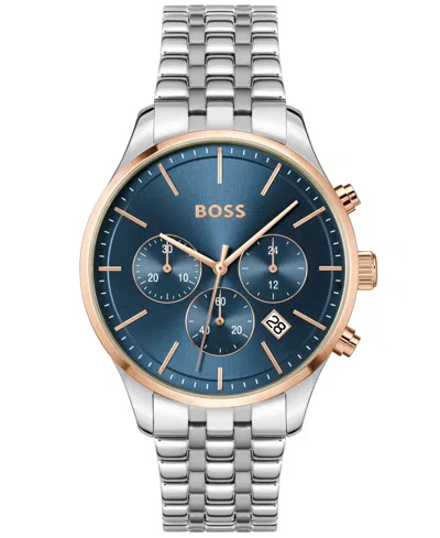 Hugo Boss Men's Chronograph Avery Stainless Steel Bracelet Watch 42mm In Blue Dial