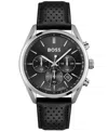 Hugo Boss Men's Chronograph Champion Black Leather Strap Watch 44mm In Black
