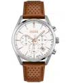 Hugo Boss White-dial Chronograph Watch With Perforated Leather Strap Men's Watches In Brown