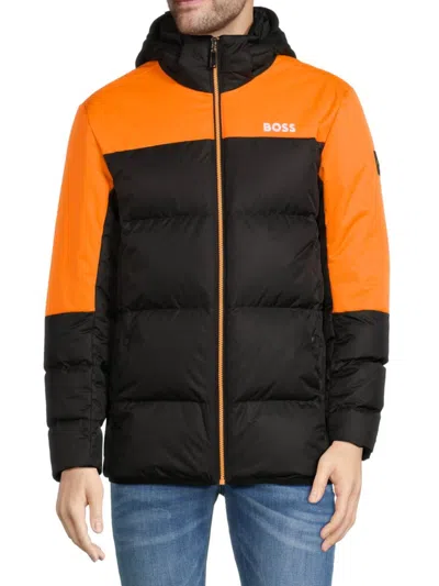 Hugo Boss Men's Colorblock Hooded Puffer Jacket In Black Orange