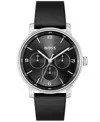 Hugo Boss Men's Contender Quartz Multifunction Black Leather Watch 44mm In Black Leather