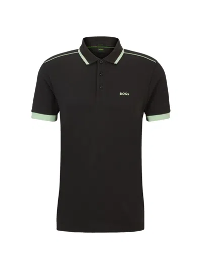 Hugo Boss Men's Cotton Pique Polo Shirt With Contrast Stripes And Logo In Black