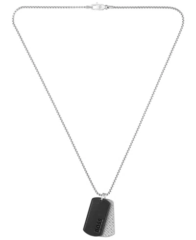 Hugo Boss Men Devon Stainless Steel Black Leather Necklace In Orange