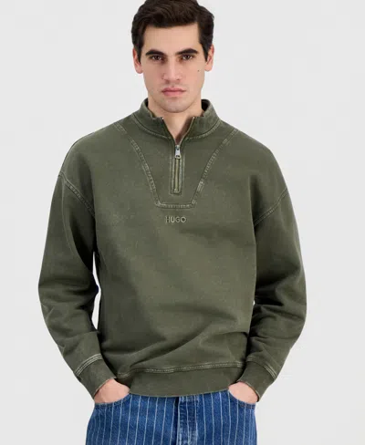 Hugo Boss Men's Distressed Logo Quarter-zip Sweater In Green
