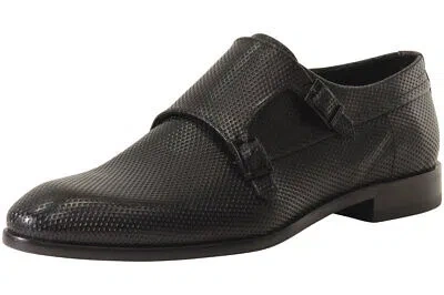 Pre-owned Hugo Boss Men's Dressapp Embossed Leather Loafers Shoes In Black