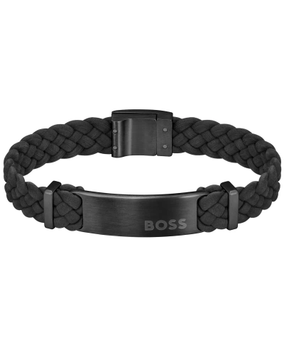 Hugo Boss Men's Dylan Ionic Plated Black Steel Black Leather Bracelet