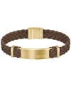 HUGO BOSS MEN'S DYLAN IONIC PLATED THIN GOLD-TONE STEEL BROWN LEATHER BRACELET