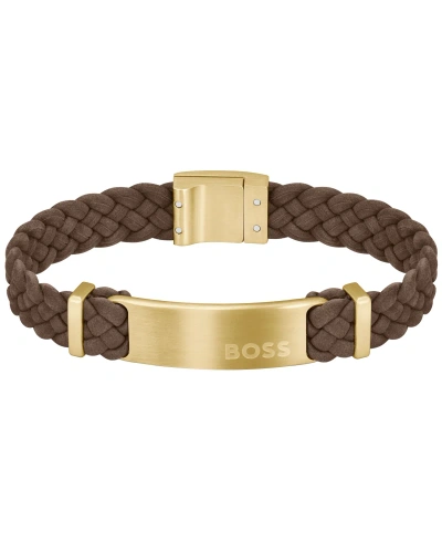 Hugo Boss Men's Dylan Ionic Plated Thin Gold-tone Steel Brown Leather Bracelet