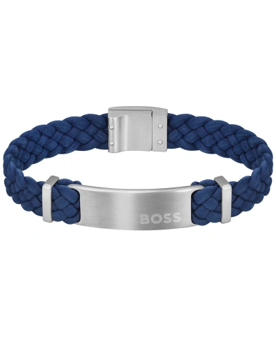 Hugo Boss Men's Dylan Stainless Steel Navy Leather Bracelet In Blue