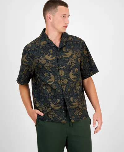 Hugo Boss Men's Espino Oversized Short Sleeve Bird Print Button-front Camp Shirt In Green