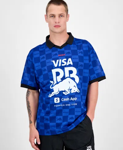 Hugo Boss Men's Fanwear Oversized Short Sleeve Open-collar Check Logo Graphic Polo Shirt In Blue
