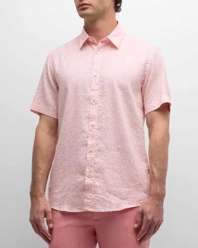 Hugo Boss Men's Floral-print Linen Short-sleeve Leisure Shirt In Pink