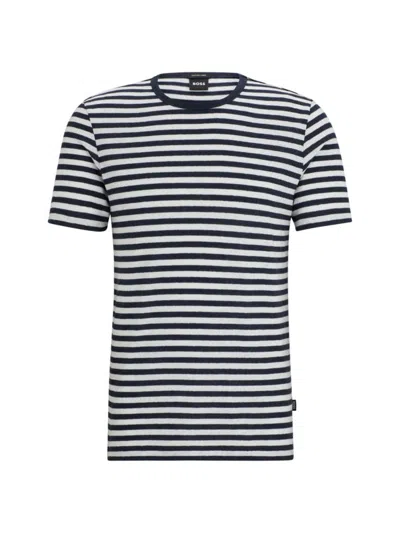 Hugo Boss Men's Tiburt 457 Striped Linen Short Sleeve Crew Neck T-shirt, Navy/white In Dark Blue