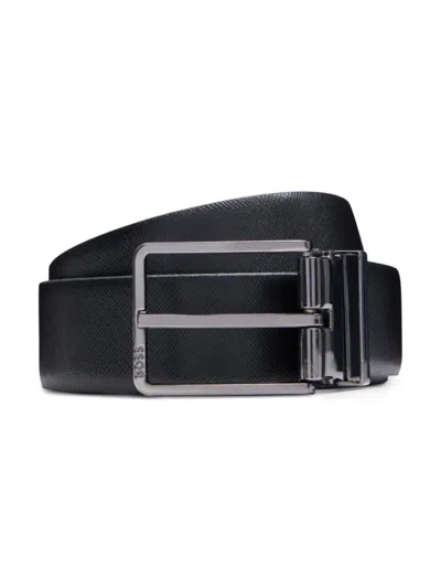 Hugo Boss Italian-leather Reversible Belt With Two Buckles In Black