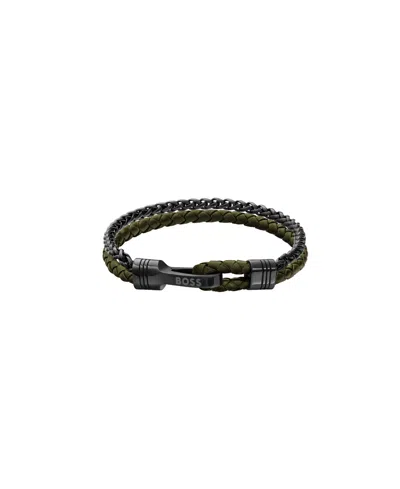Hugo Boss Men's Jaxon Ionic Plated Grey Steel Green Leather Bracelet