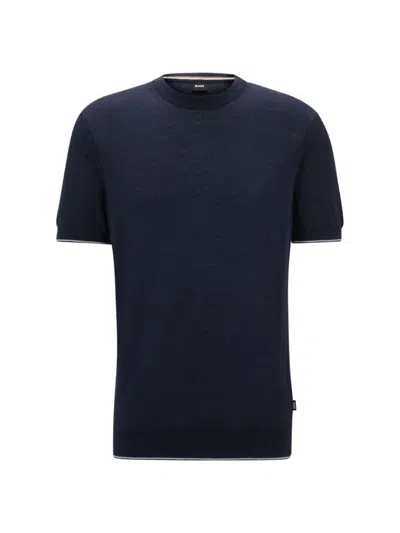 Hugo Boss Linen-blend Regular-fit Sweater With Accent Tipping In Dark Blue