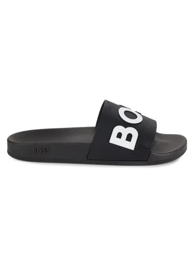 Hugo Boss Logo-embossed Open-toe Slides In Black